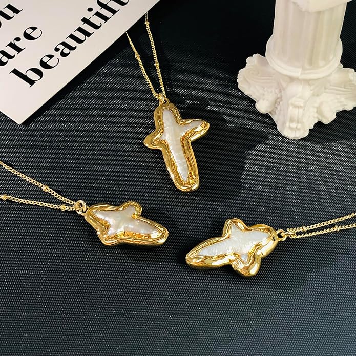 Zeffy 14K Gold/Silver Plated Chunky Thick Chain Toggle Clasp Necklace Dainty Baroque Pearl/Heart/Cross/Turquoise Pendant Necklace