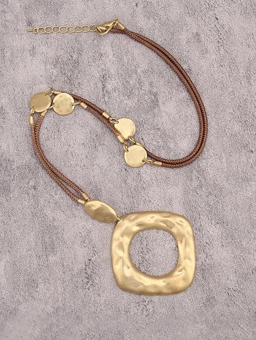 GelConnie Leather Necklace for Women Large Pendant Long Brown Necklace Circle Leather Choker Vintage Sweater Necklace Gold Chunky Boho Necklaces for Women
