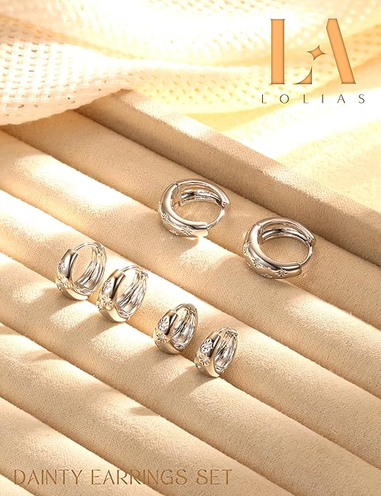 14K Gold Plated Hoop Earrings Set for Women - 3Pairs Chunky 14K Gold Plated Silver Huggie Earrings Small Earrings Lightweight Hypoallergenic MultiColored CZ Hoop Earrings Stacks for Multiple Piercing