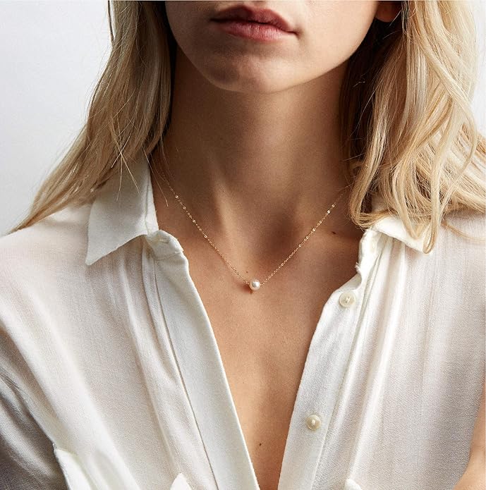 Aobei Pearl 18K Gold Plated Paperclip Chain Choker Satellite Chain Freshwater Cultured Biwa Pearl Pendant Necklace Dainty Jewelry for Women