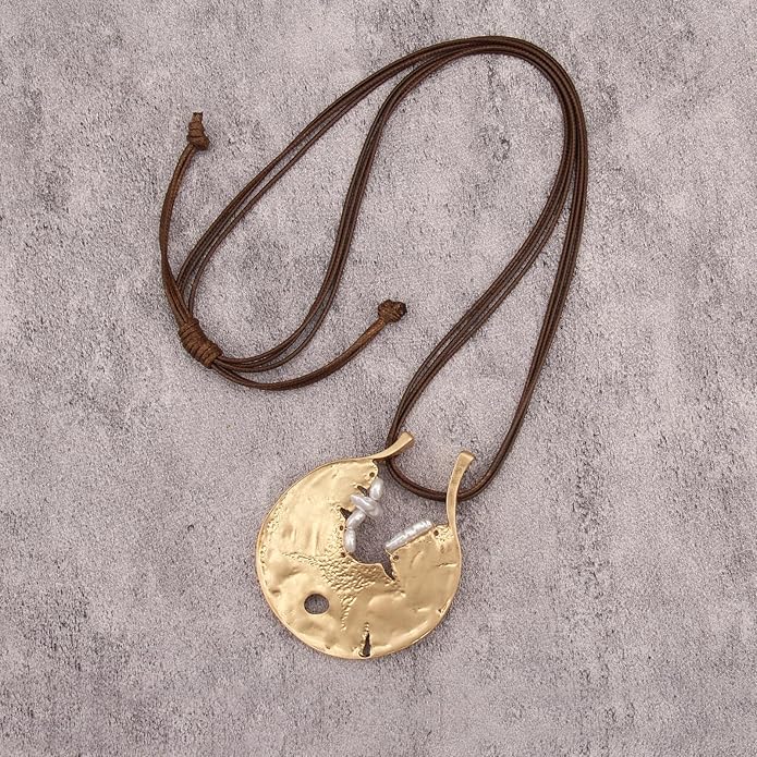 GelConnie Leather Necklace for Women Large Pendant Long Brown Necklace Circle Leather Choker Vintage Sweater Necklace Gold Chunky Boho Necklaces for Women