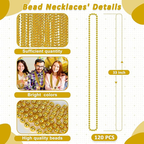 120PCS Gold Necklace, Gold Mardi Gras Beads, 33 IN Party Beads Accessories, Mardi Gras Decorations Parade Throws Bulk for Pirate Wedding Birthday Christmas Party Favors Supplies