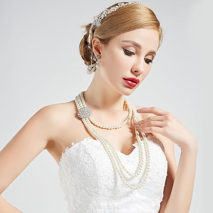 BABEYOND 1920s Gatsby Pearl Necklace Vintage Bridal Pearl Necklace Earrings Jewelry Set Multilayer Imitation Pearl Necklace with Brooch