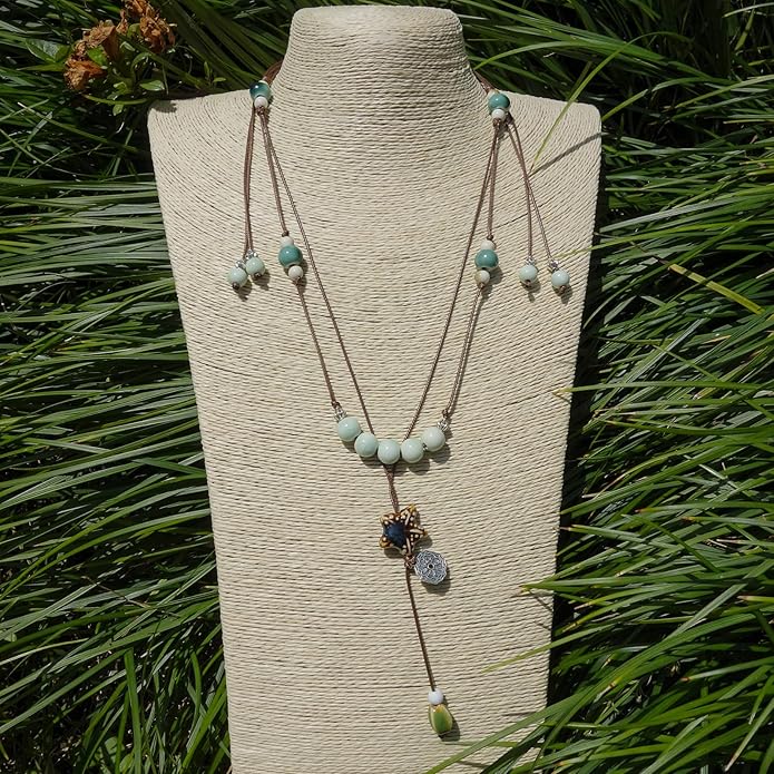 Boho Style Colorful Ceramic Bead Strand Necklace Adjustable Bohemian Jewelry Gift for Women, Fashion Clothing Matching Necklace