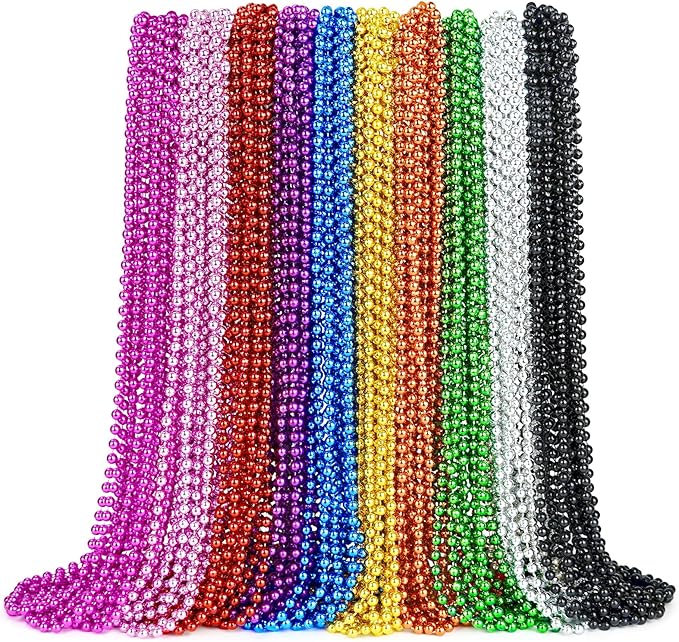 ZYFLSQ 100 Pcs Mardi Gras Beads Necklaces Bulk, 33" 7mm Multi Colors Metallic Beaded Necklaces for Party Costume Necklaces (10 Colors)