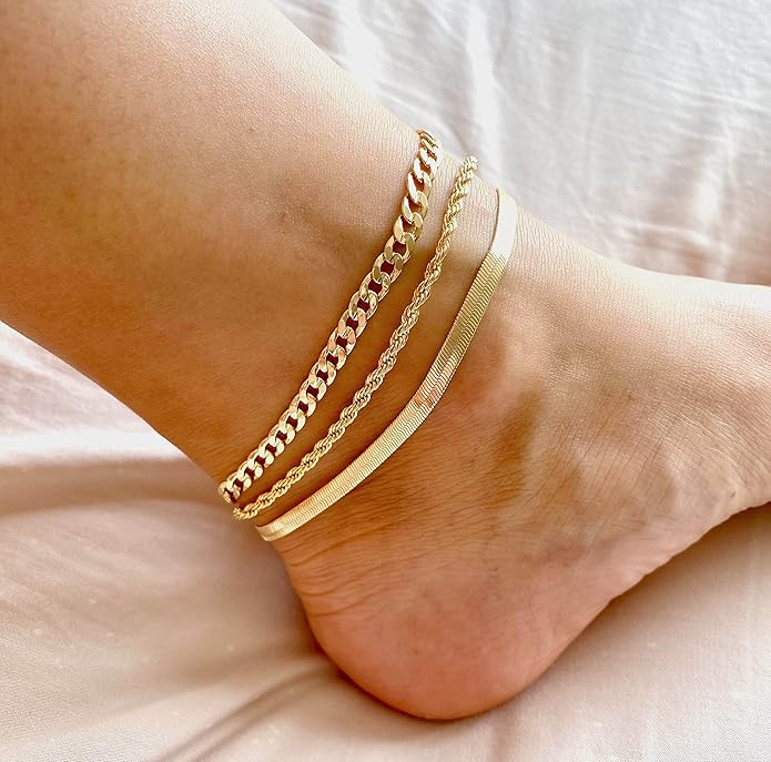 DEARMAY Dainty 14K Gold Plated Ankle Bracelets for Women, Waterproof 14K Gold Plated Link Chain Anklets Non Tarnish Set Pack Summer Beach Jewelry Gift