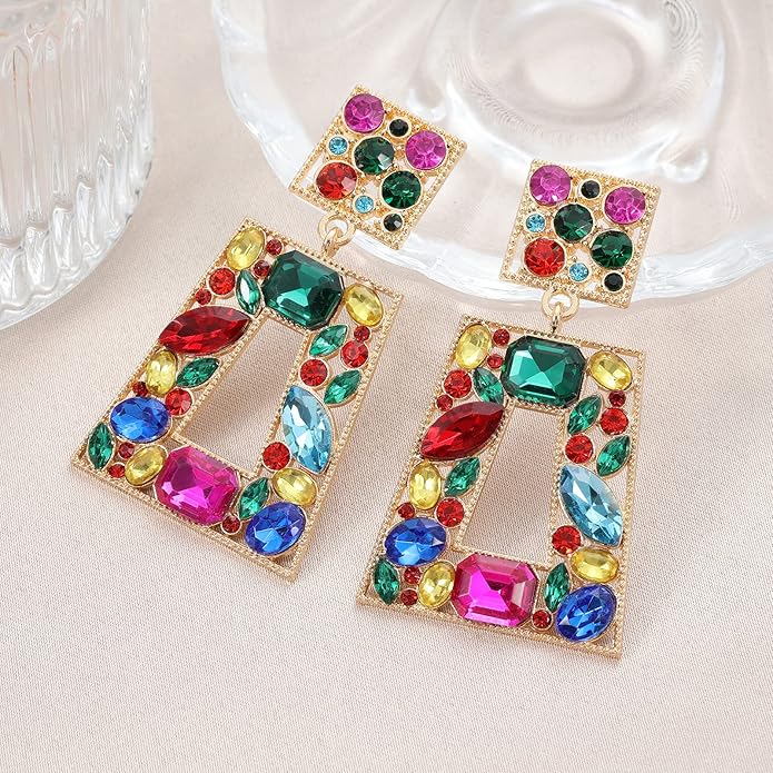 Rhinestone Rectangle Statement Earrings Colorful Crystal Geometric Drop Dangle Earrings for Women Prom Party