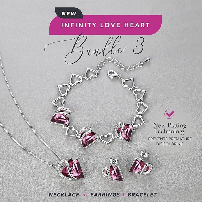 Leafael Valentine's Day Gift Necklaces for Women, Infinity Love Birthstone Heart Crystal Pendant, Birthday Anniversary Jewelry for Wife, Mom, and Her, Silver Plated, 18" + 2" Adjustable Chain