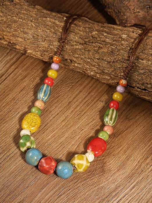 MINACHI Hippie Boho Colorful Ceramic Round Beads Strand Necklace, Bohemian Fashion Statement Jewelry Gift for Women