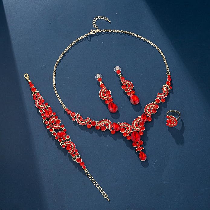 Crystal Bridal Wedding Jewelry Sets for Women Rhinestone Teardrop Crystal Statement Choker Necklace Drop Earrings Link Bracelets Rings Teardrop Jewelry Set for Brides Bridesmaids