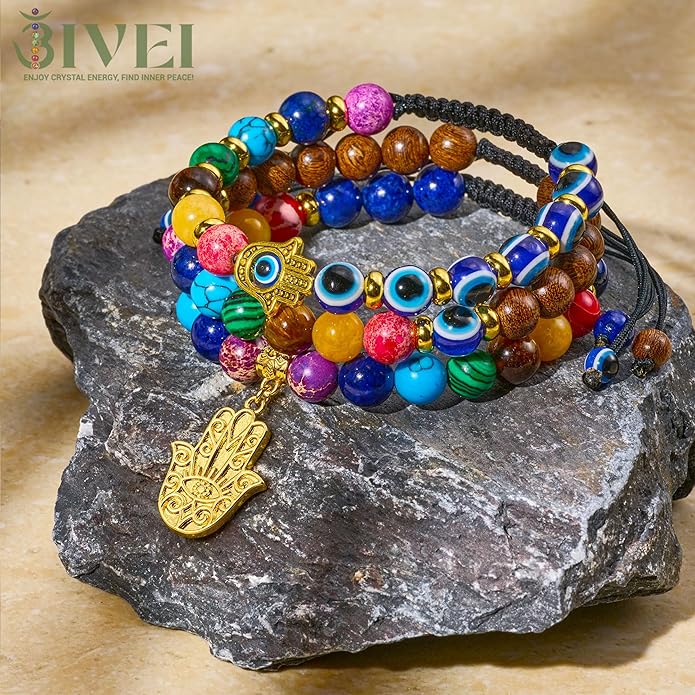 Bivei Chakra Bead Bracelets for Women - 8mm 7 Chakra Bracelet With Real Stones Yoga Gemstone Jewelry 3 Pack