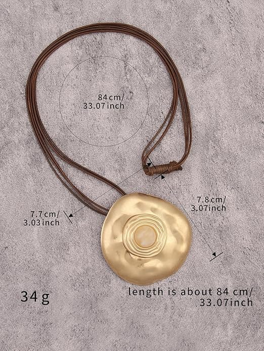GelConnie Leather Necklace for Women Large Pendant Long Brown Necklace Circle Leather Choker Vintage Sweater Necklace Gold Chunky Boho Necklaces for Women