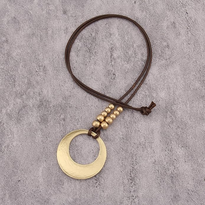 Boho Leather Necklace Women Bohemian Brown Circle Pendant Necklace Choker Long Necklaces for Women Boho Ring Large Pendant