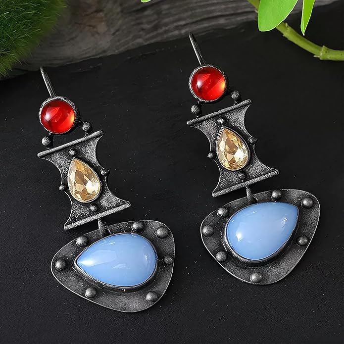 Multi-Color Gemstone Drop Earrings, Dangle Style, Hook Design