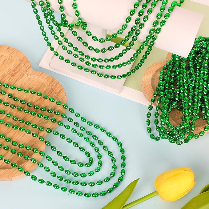 100PCS Bead Necklace, Green St Patricks Oval Beads Necklace Accessories, Mardi Gras St Patricks Xmas Necklaces, Festive Accessories for Christmas Mardi Gras St. Patricks Parade Throw Decorations