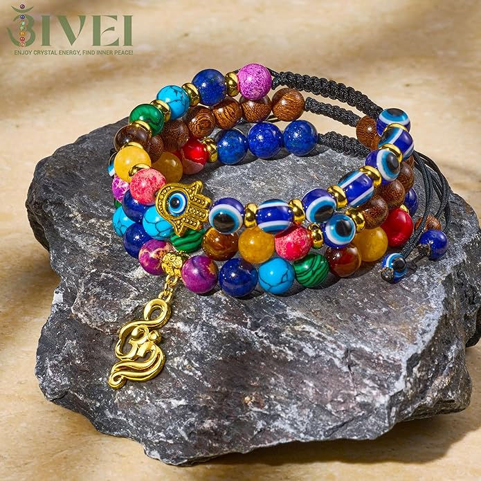 Bivei Chakra Bead Bracelets for Women - 8mm 7 Chakra Bracelet With Real Stones Yoga Gemstone Jewelry 3 Pack