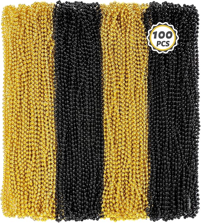 100 PCS New Years Beads Bulk, 33" Mardi Gras Beads Necklaces, Congrats Grad Beads Necklaces, Blackgold Parade Throw Supplies Graduations Party Beads Party Accessories Set Favors