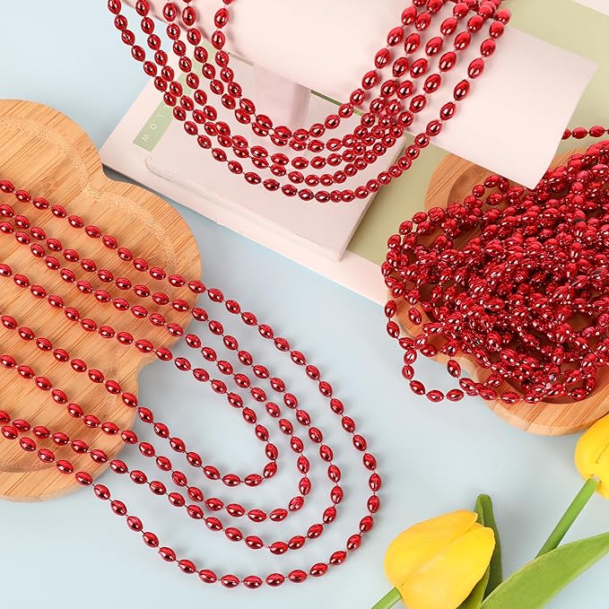 100PCS Red Bead Necklace, Christmas Oval Beads Stuff Party Favors, 32" Red Beaded Necklace Festival Parade Throw Accessories, Mardi Gras Beads Wedding Birthday Valentines Christmas Celebrations Decor