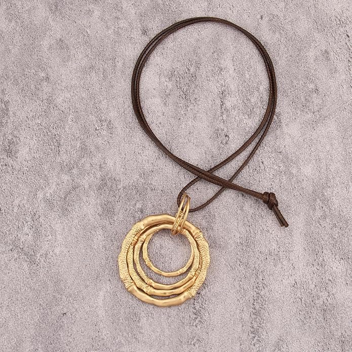 GelConnie Leather Necklace for Women Large Pendant Long Brown Necklace Circle Leather Choker Vintage Sweater Necklace Gold Chunky Boho Necklaces for Women