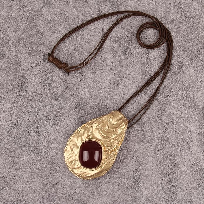 GelConnie Leather Necklace for Women Large Pendant Long Brown Necklace Circle Leather Choker Vintage Sweater Necklace Gold Chunky Boho Necklaces for Women