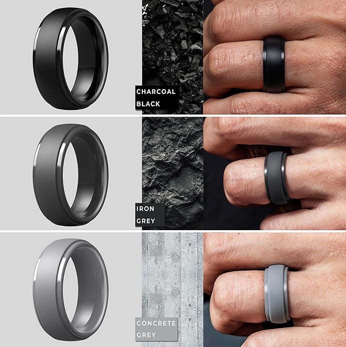 ThunderFit Silicone Rings for Men - 7 Rings / 4 Rings / 1 Ring Step Edge Rubber Wedding Bands 10mm Wide - 2.5mm Thick