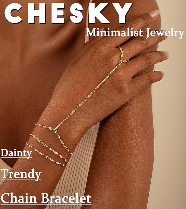 CHESKY 14K Gold Plated Hand Chain Bracelets for Women Set - Dainty Finger Ring Bracelet Stack Adjustable Hand Chains Durable Beaded Bracelets Trendy Simple Body Jewelry Gift for Women