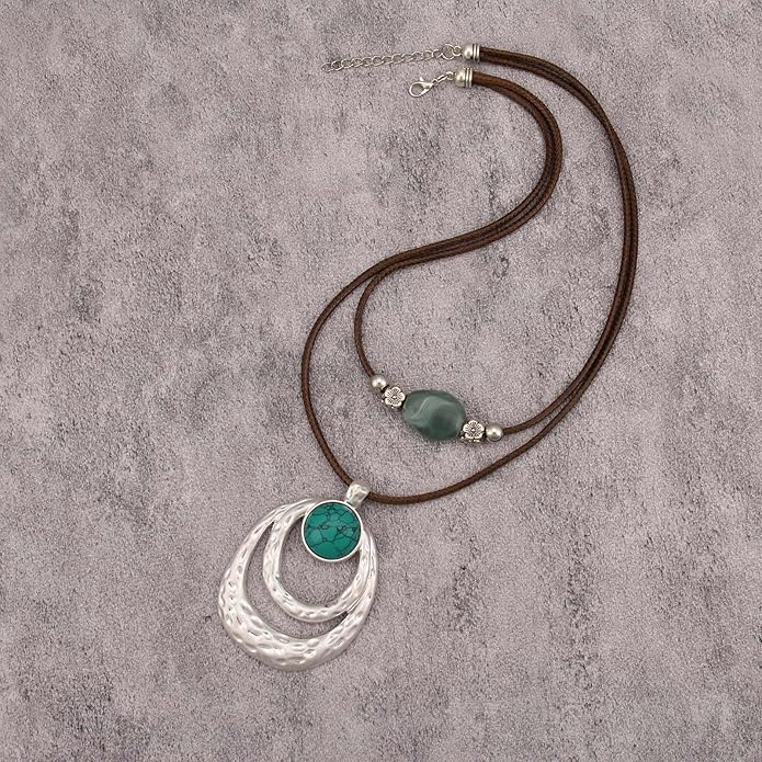 Boho Necklaces for Women Chunky Circle Necklace Layered Boho Circle Leather Choker Necklace Long Vintage Necklaces Bohemian Jewlery Gifts