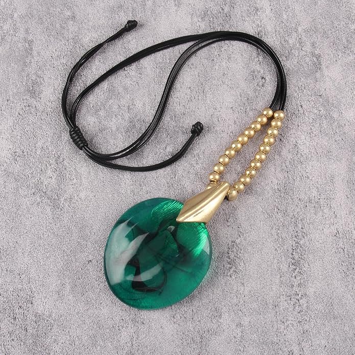 GelConnie Leather Necklace for Women Large Pendant Long Brown Necklace Circle Leather Choker Vintage Sweater Necklace Gold Chunky Boho Necklaces for Women
