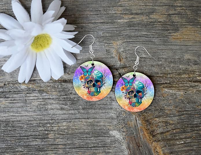 Round Wood Earrings Light Weight Printed Image Dangle Jewelry