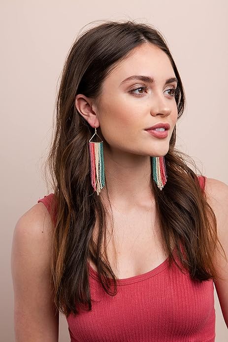 INK+ALLOY Beaded Earrings for Women Dangling, Emilie Seed Bead Long Fringe Statement Boho Earrings, Hypoallergenic Handmade Jewelry for the Modern Bohemian, 4.5-Inch