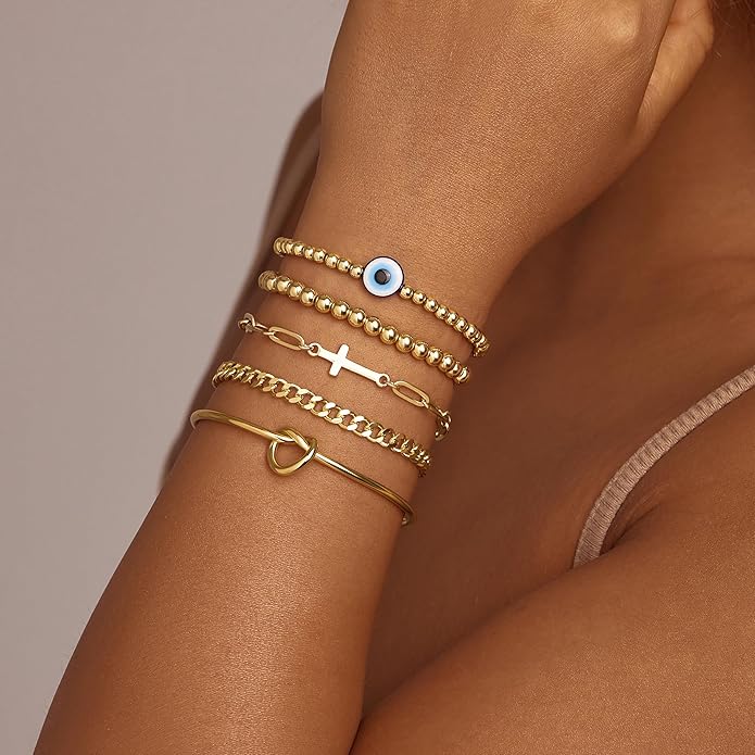 Gold Bracelets Set for Women Stack, Dainty Thick Bracelets Stack for Women Trendy, Simple Thin Gold Plated Cuff Stackable Bracelets With Beaded Cuban Paperclip Snake Rope Bangle Hand Chain Jewelry Gifts for Women Non Tainish