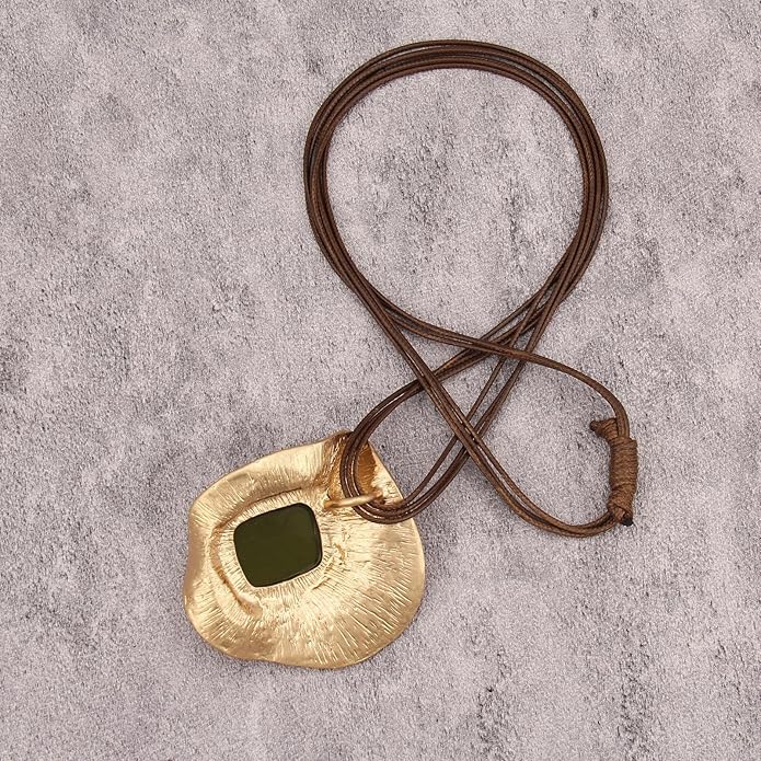 GelConnie Leather Necklace for Women Large Pendant Long Brown Necklace Circle Leather Choker Vintage Sweater Necklace Gold Chunky Boho Necklaces for Women