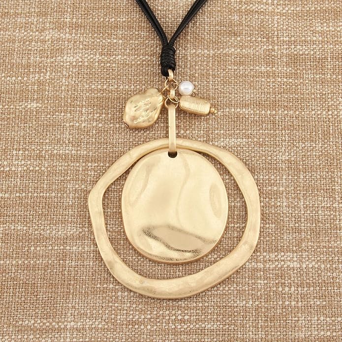 GelConnie Leather Necklace for Women Large Pendant Long Brown Necklace Circle Leather Choker Vintage Sweater Necklace Gold Chunky Boho Necklaces for Women