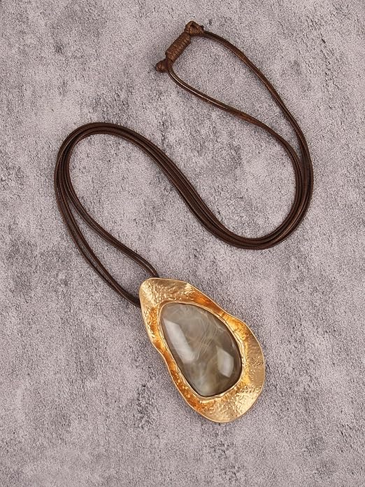 GelConnie Leather Necklace for Women Large Pendant Long Brown Necklace Circle Leather Choker Vintage Sweater Necklace Gold Chunky Boho Necklaces for Women