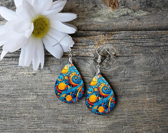 Teardrop Wood Earrings Light Weight Printed Image Dangle Jewelry, Fun and Funky Earrings