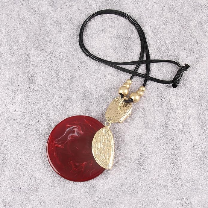 GelConnie Leather Necklace for Women Large Pendant Long Brown Necklace Circle Leather Choker Vintage Sweater Necklace Gold Chunky Boho Necklaces for Women