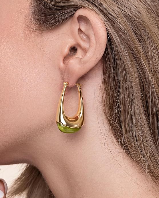 Long Oval Chunky Dangle 18K gold plated Hoops with Colored Resin Gemstone Statement Earrings for Women by SNGIA, (Green, Brown, Blue, Pink, White, Cream), Bold Drop Handmade Exaggerated Irregular Trendy Bohemian Jewelry Gifts, Unique Dangling Teardrop ...