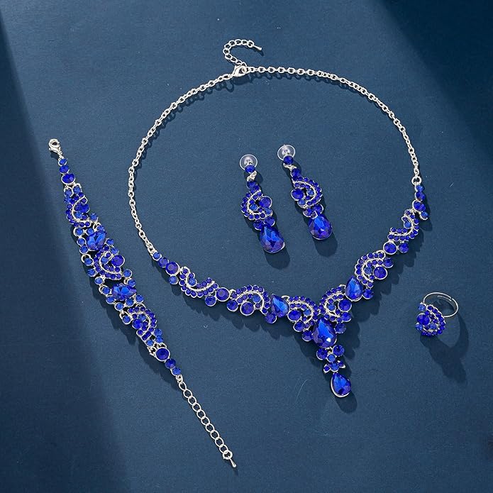 Crystal Bridal Wedding Jewelry Sets for Women Rhinestone Teardrop Crystal Statement Choker Necklace Drop Earrings Link Bracelets Rings Teardrop Jewelry Set for Brides Bridesmaids