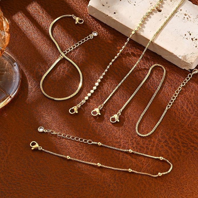 Gold Bracelets for Women, 14K Gold Plated Stackable Bracelet Stack Set Adjustable Charm Paperclip Chain Snake Link Layered Waterproof Jewelry Sets Gifts