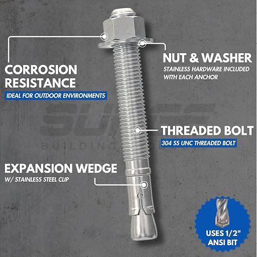 1/2" X 7" 304 Stainless Steel Wedge Anchors - Image 2