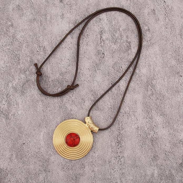 Boho Leather Necklace Women Bohemian Brown Circle Pendant Necklace Choker Long Necklaces for Women Boho Ring Large Pendant