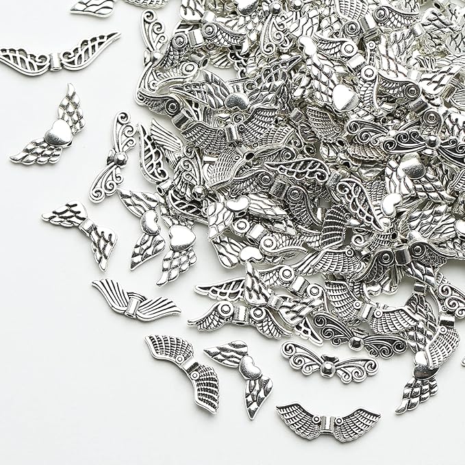 Dahi 200pcs Angel Wing Beads Tibetan Alloy Fairy Wing Charms Wings Spacer Loose Beads Silver Wings Beads for Jewelry Making-DIY Bracelets Earrings Supplies