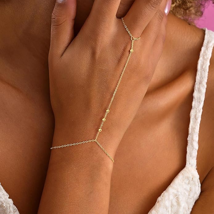 CHESKY 14K Gold Plated Hand Chain Bracelets for Women Set - Dainty Finger Ring Bracelet Stack Adjustable Hand Chains Durable Beaded Bracelets Trendy Simple Body Jewelry Gift for Women