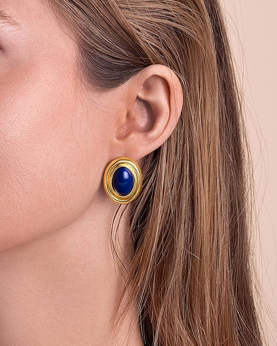 18K gold plated Medium Oval Button Chunky Statement Earrings for Women by SNGIA, (Turquoise, Carnelian, Aventurine, Amethyst, Malachite, Cat Eye, White, Cream) Bold Handmade Colored (Red, Blue, Green, White, Cream, Purple) Exaggerated Dome Retro Rounde...