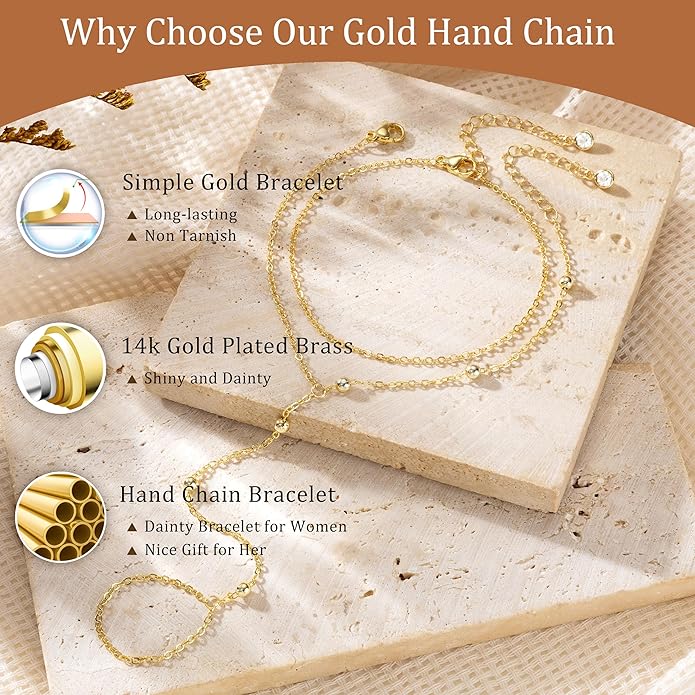 CHESKY 14K Gold Plated Hand Chain Bracelets for Women Set - Dainty Finger Ring Bracelet Stack Adjustable Hand Chains Durable Beaded Bracelets Trendy Simple Body Jewelry Gift for Women