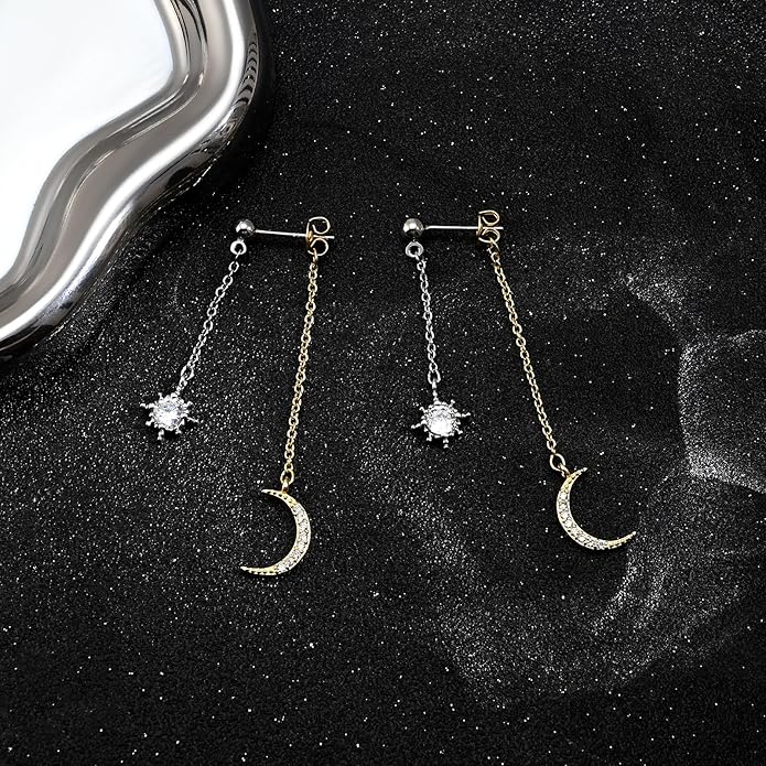 Moon and Star dangle Earrings for Women Chain Tassel with Cubic Zirconia Drop Celestial Jewelry for Wedding Gift