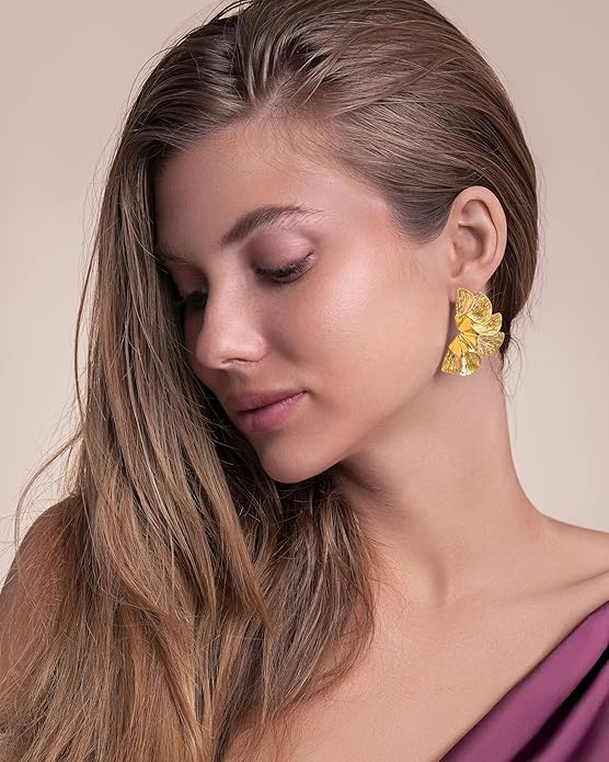 18K Gold Plated Large Chunky Flower Statement Earrings for Women by SNGIA, Summer Beach Floral Handmade Drop Jewelry, Maximalist Wedding Date Birthday Gift, Bold Exaggerated Textured Dangle Trendy Ribbed Jewelry, 18K Gold Plated Chandelier Fashion Acce...