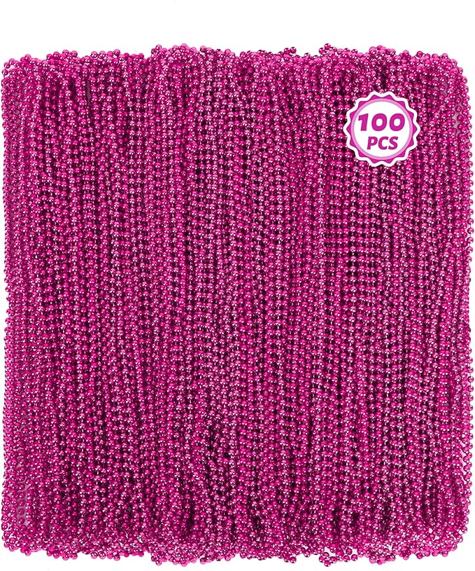 100 PCS Mardi Gras Beads, 33" Rosered Beaded Necklace Bulk, Breast Cancer Awareness Accessories Set, Carnival Beads Parade Throws for Festive Event Pirate Party Favors