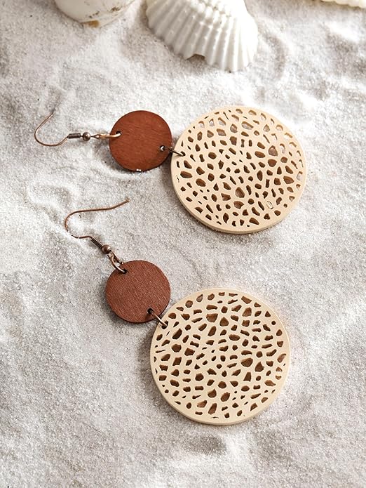 MINACHI Bohemian Hollow Cut-Out Wood Leather Dangle Drop Earrings, Boho Chic Hippie Statement Jewelry Gift for Women