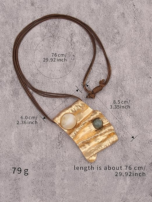 GelConnie Leather Necklace for Women Large Pendant Long Brown Necklace Circle Leather Choker Vintage Sweater Necklace Gold Chunky Boho Necklaces for Women